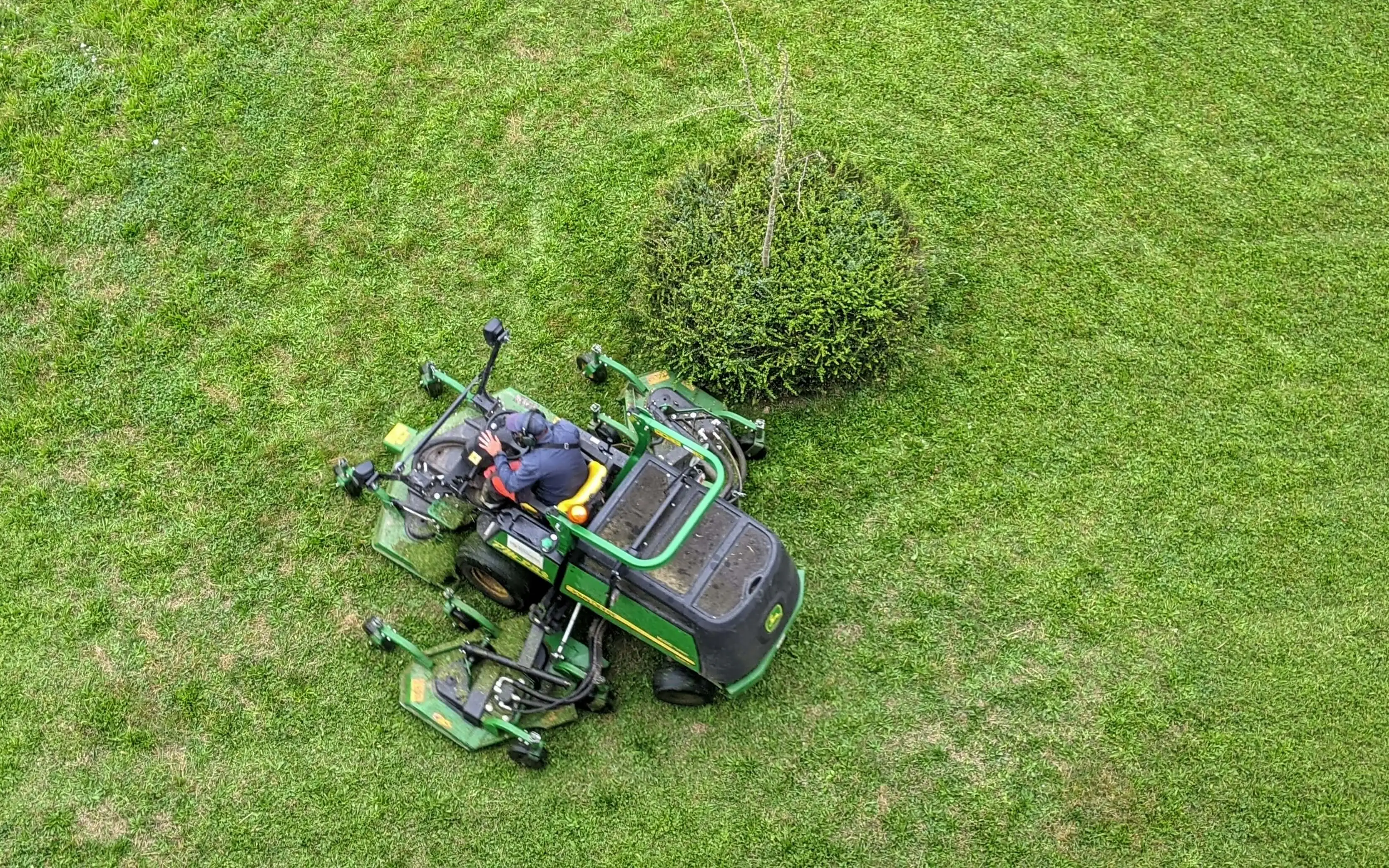 Tractor operator mowing a large grassy lawn with a green ride-on mower, moving around a small round bush